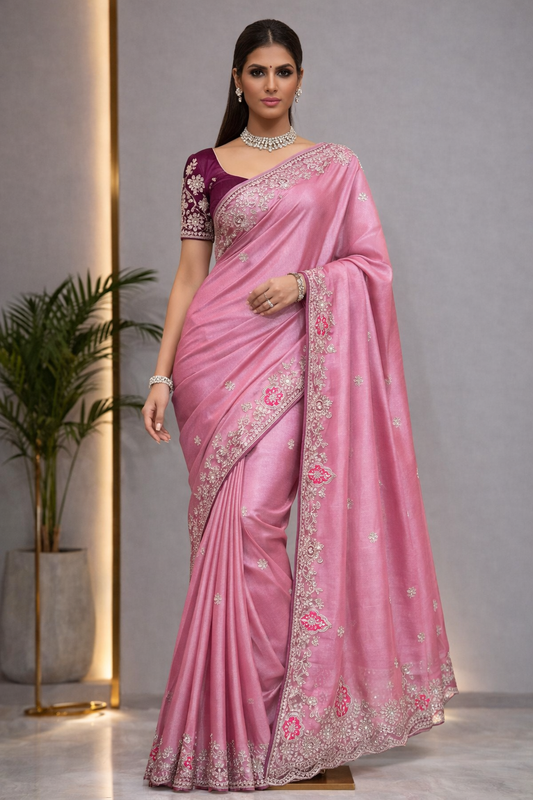 Blooming Chocolate Silk Embroidery Designer Saree With Unstitched Blouse