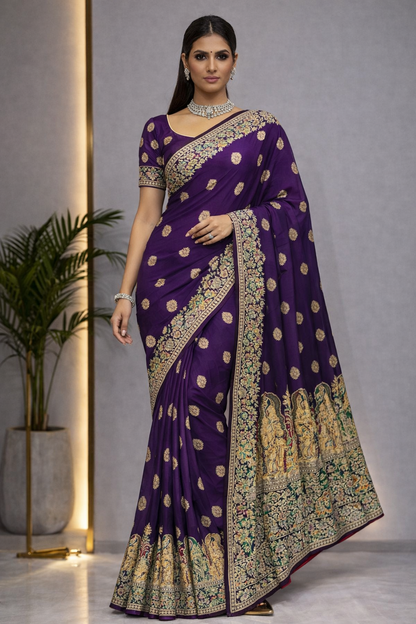 Pure Silk Meenakari Foil Print Designer Saree With Contrast Blouse