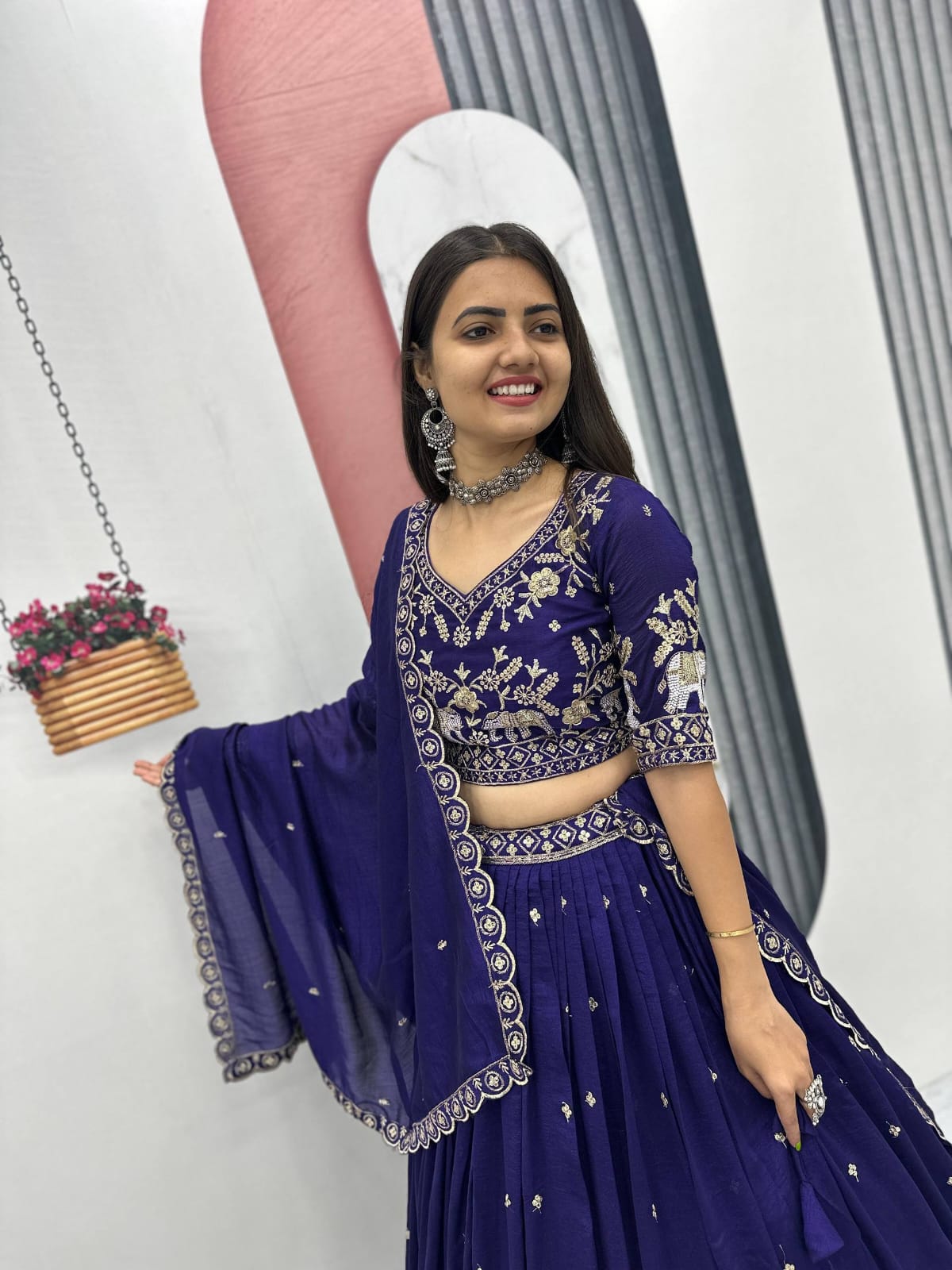 Festival Special Vichitra Silk Embroidered Lehenga Choli with Dupatta – Royal Blue & Rani Pink