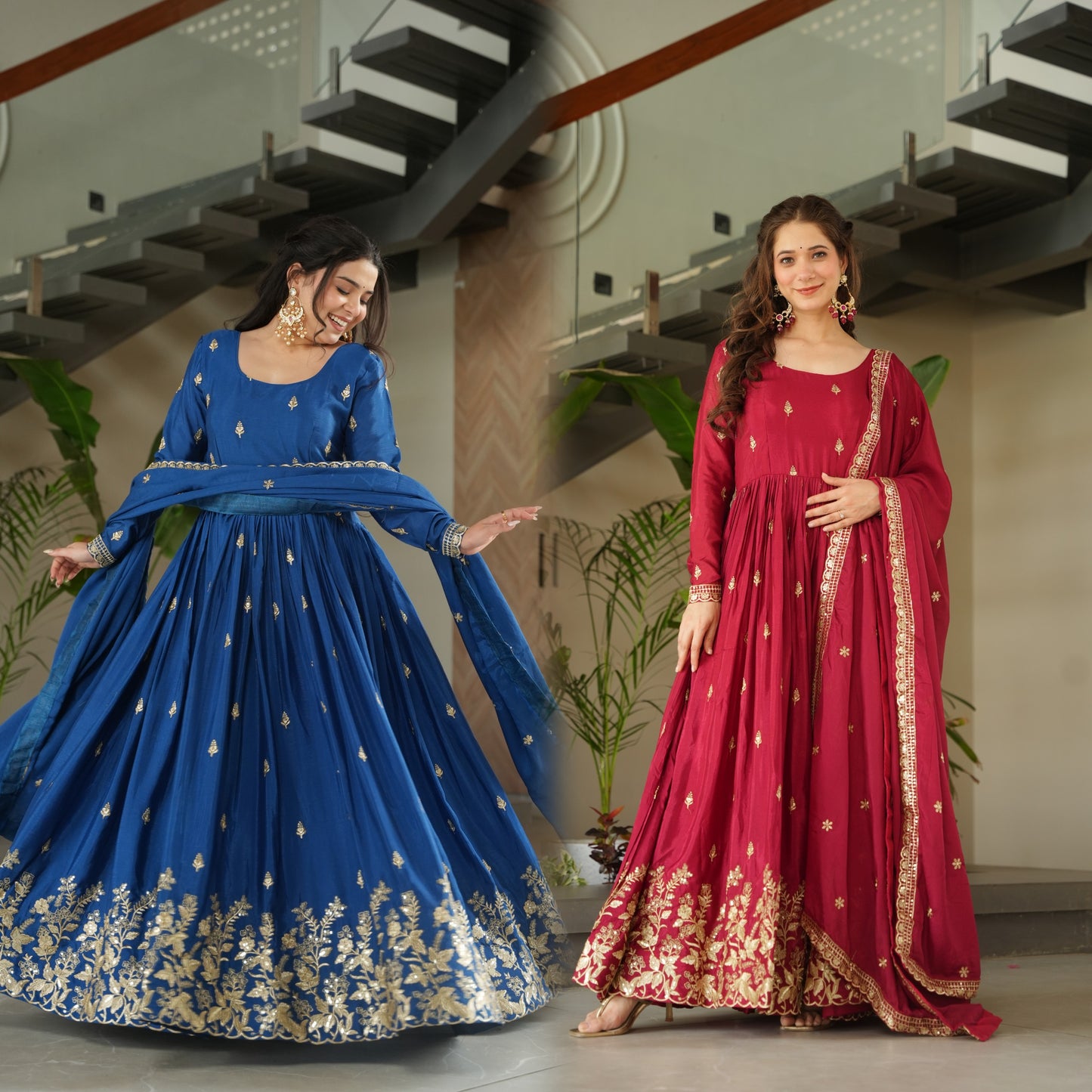 Premium Designer Embroidered Chinnon Gown with Dupatta – Royal Blue & Wine