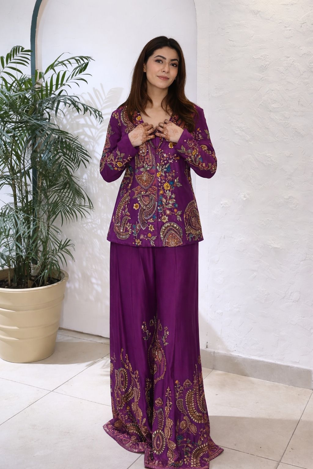 Designer Party Wear Embroidery Jacket Palazzo Set – Heavy Chinon 3 Piece Outfit