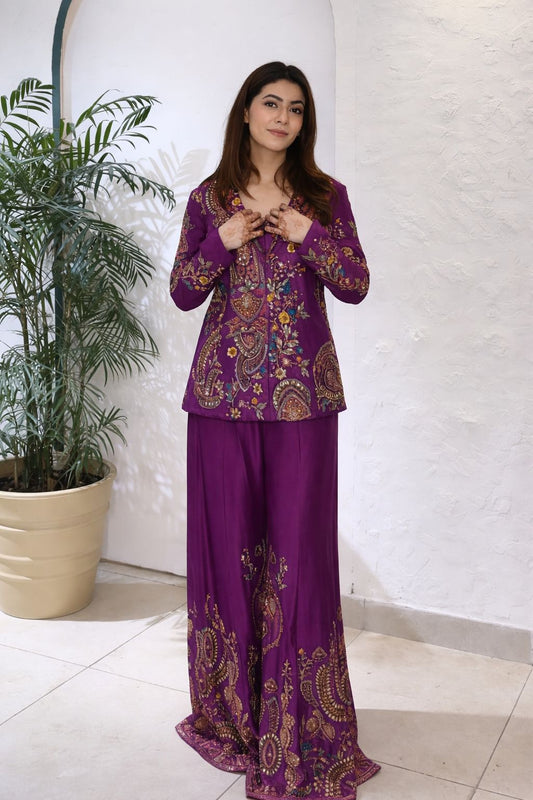 Designer Party Wear Embroidery Jacket Palazzo Set – Heavy Chinon 3 Piece Outfit