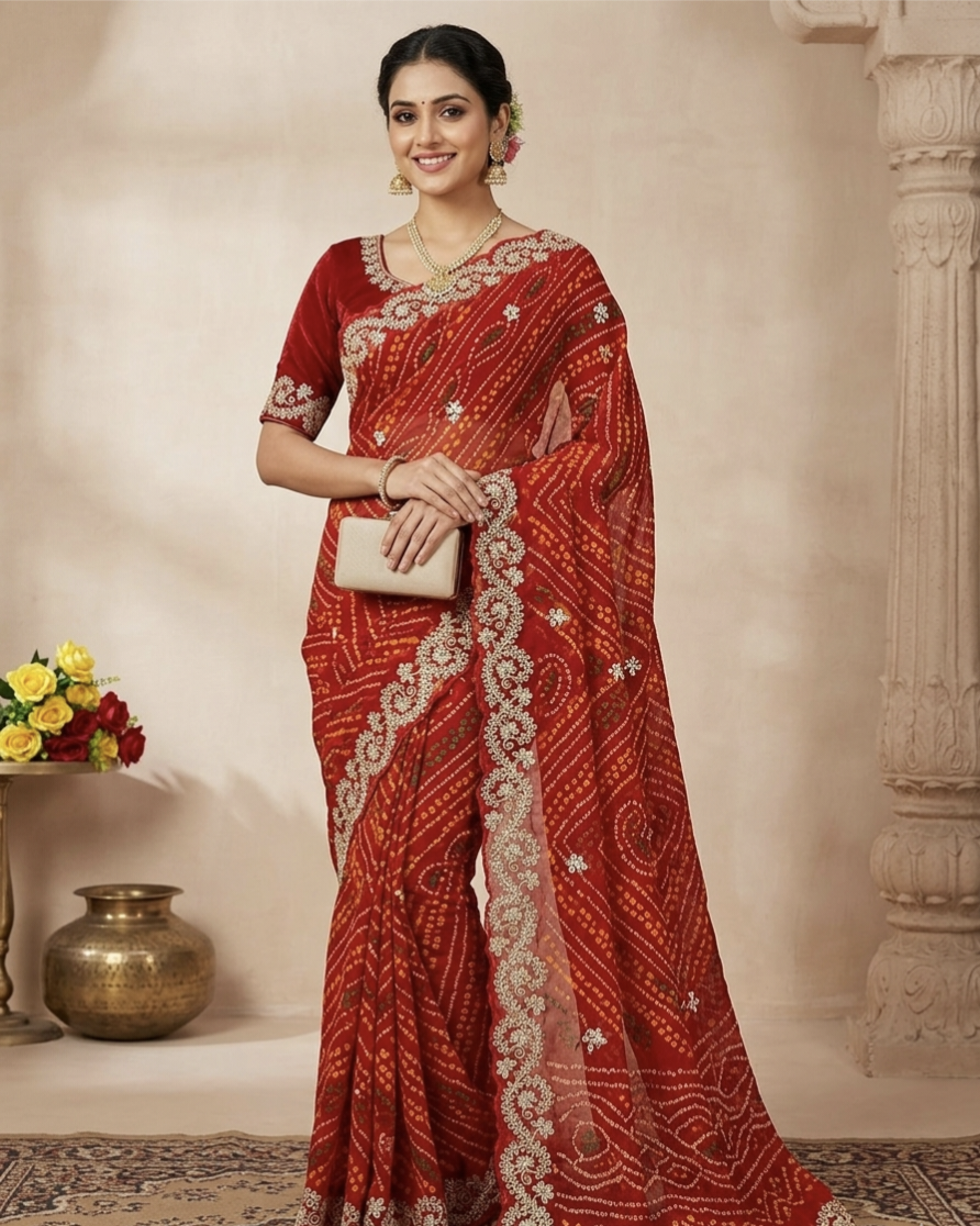 Designer Bandhani Style Printed Saree with Embroidery Border – Festive Wear Collection