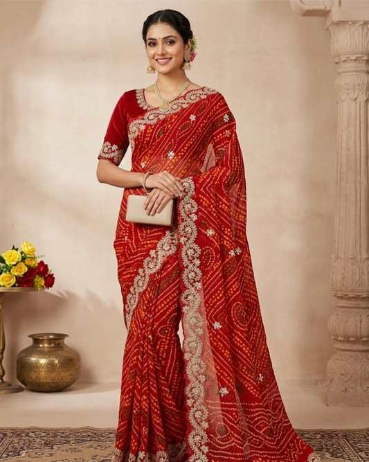 Designer Bandhani Style Printed Saree with Embroidery Border – Festive Wear Collection