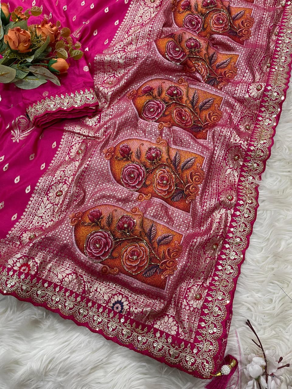 Gulmohar Dola Silk Saree with Zari Weaving & Cutdana Handwork Border