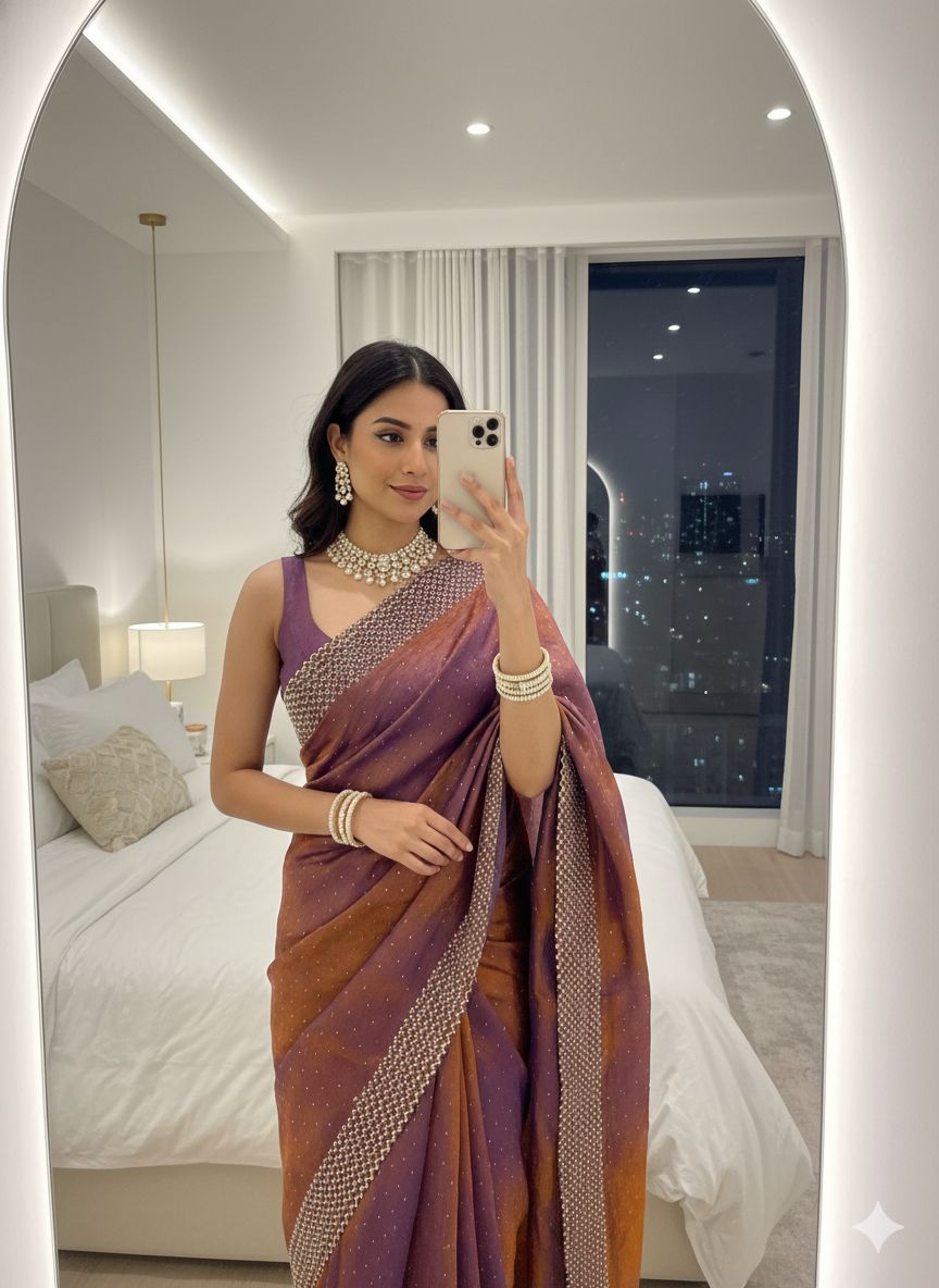 Rihana Two Tone Fendy Satin Saree with Jharkhand Work Border