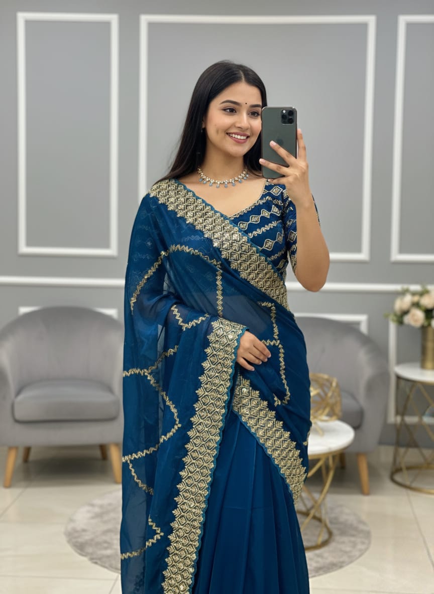 Shanaya Zimmy Choo Silk Saree With Heavy Embroidery Sequence Work & Blouse (Up to 42”)