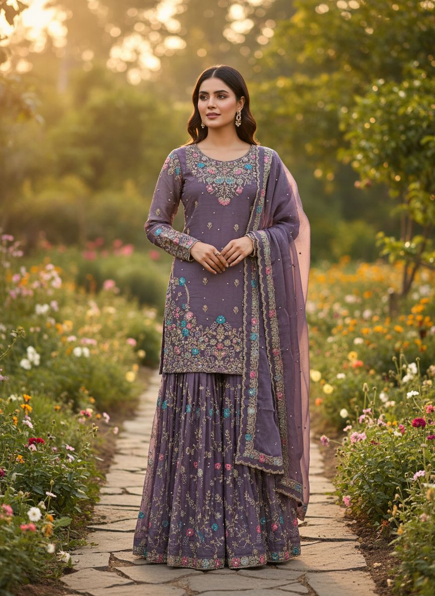 5000 Series Premium JMC Silk Anarkali Sharara Set with Heavy Embroidery & Dupatta