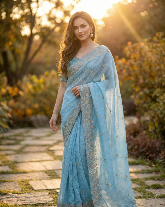 Daisy-2 Candy Crush Fabric Embroidery Saree with Stitched Blouse