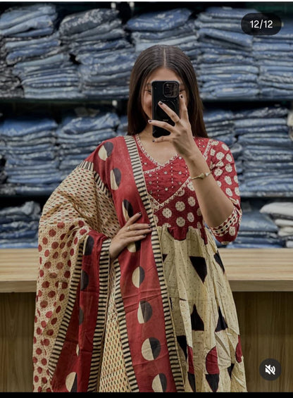 Women's Printed Cotton Anarkali Kurta Pant Dupatta Set with Sequence Work