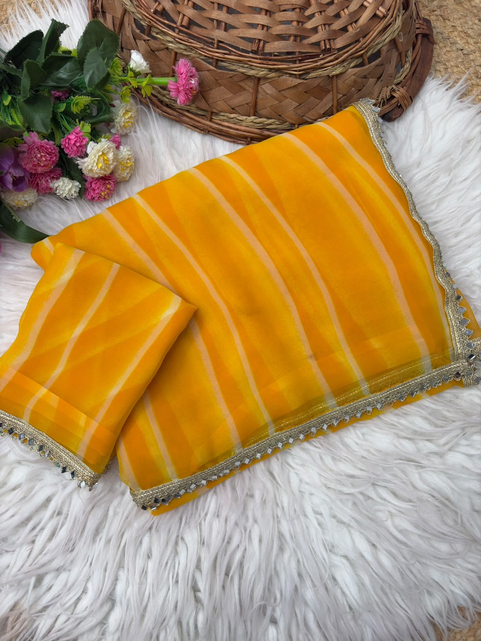 Georgette Leheriya Saree with Mirror Lace Border & Unstitched Blouse | Designer Party Wear Saree
