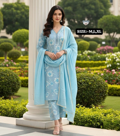 Premium Embroidered Cotton Kurti Pant Dupatta Set – Festival Wear Designer Suit for Women