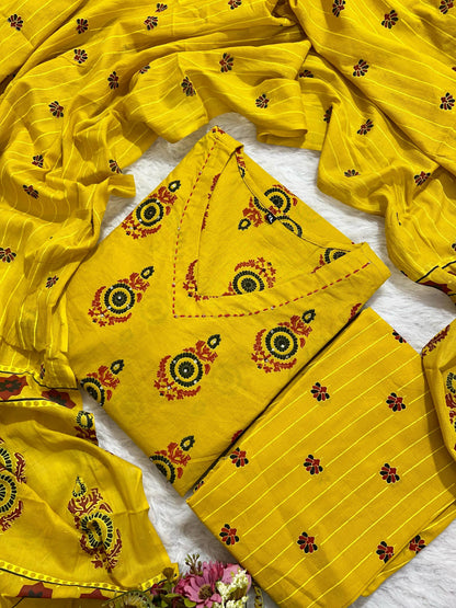 Pure Heavy Cotton Embroidered Kurti Pant Dupatta Set