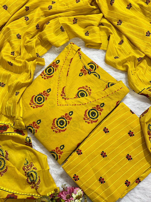 Pure Heavy Cotton Embroidered Kurti Pant Dupatta Set
