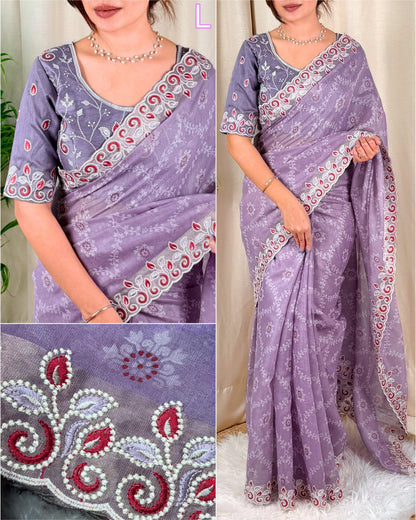 Barfi Cotton Satin Embroidered Saree with Designer Blouse