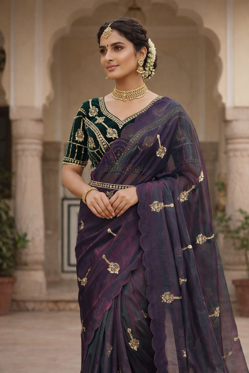 Bollywood Style Fandy Satin Saree with Khatli Embroidery Work & Designer Blouse