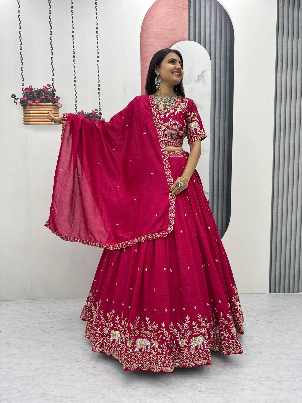 Festival Special Vichitra Silk Embroidered Lehenga Choli with Dupatta – Royal Blue & Rani Pink