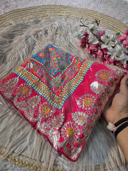 Latest Chinon Digital Print Kalamkari Inspired Saree with Gotapatti Work