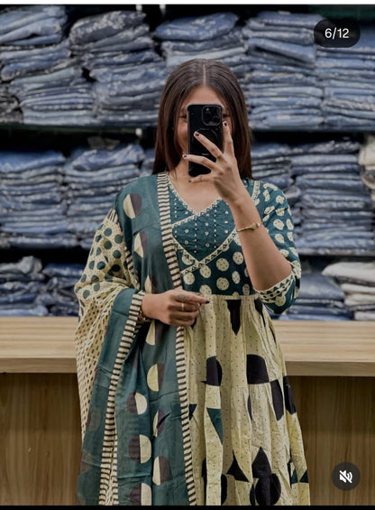 Women's Printed Cotton Anarkali Kurta Pant Dupatta Set with Sequence Work