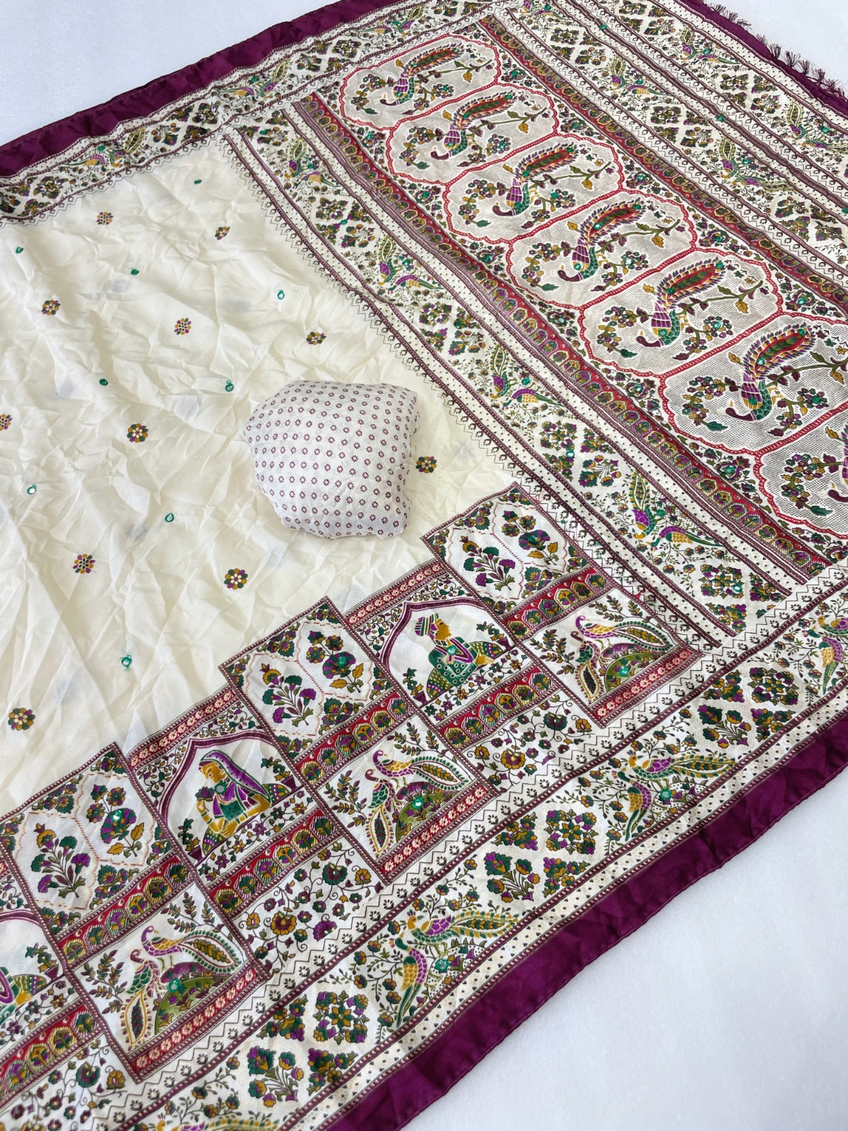 Premium Pure Moss Chiffon Saree with Peacock Floral Print & Mirror Work