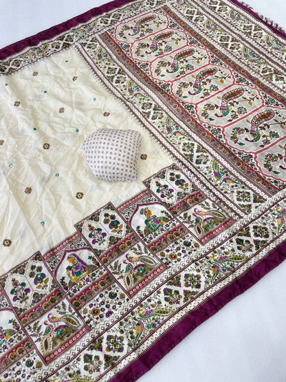 Premium Pure Moss Chiffon Saree with Peacock Floral Print & Mirror Work