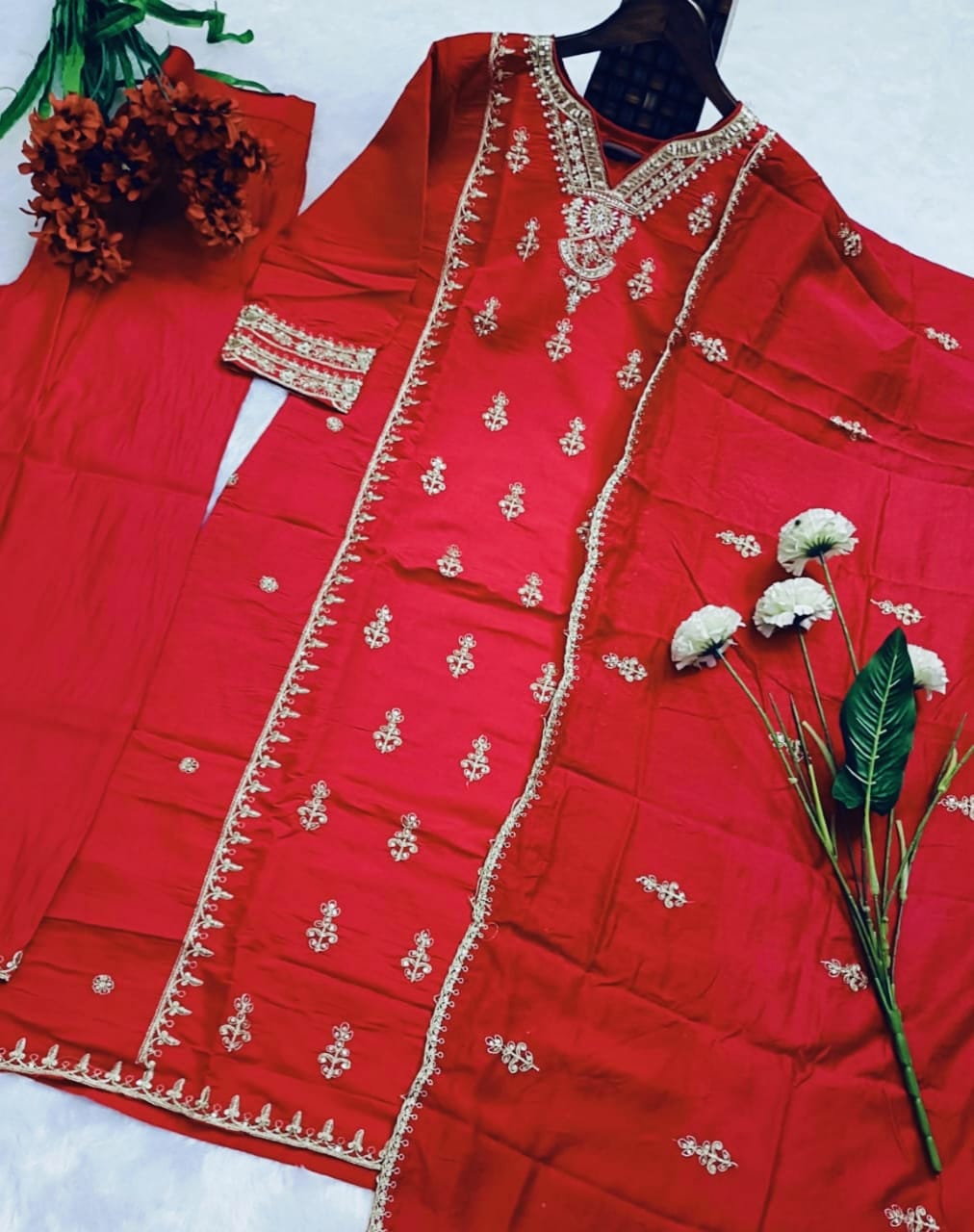 Festival Special Chanderi Embroidered Kurti Set with Dupatta