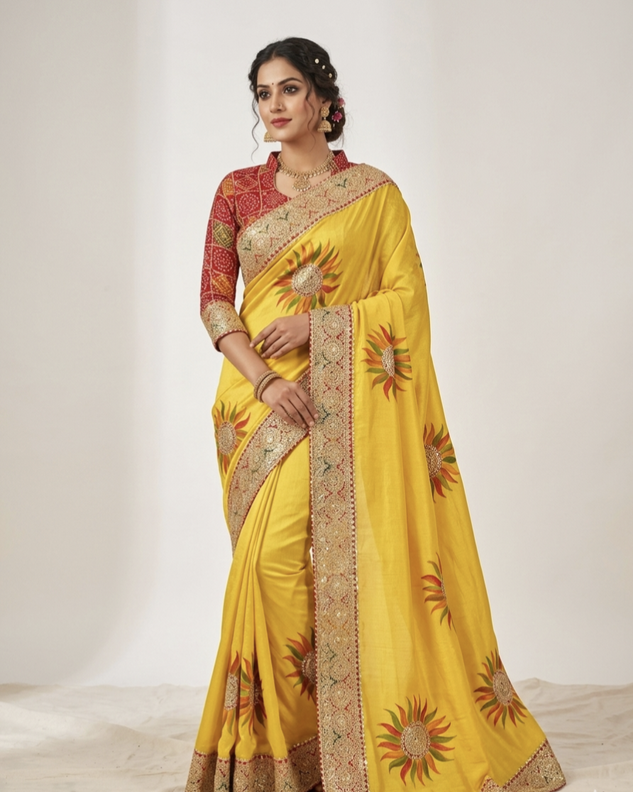 Sunflower Print Silk Saree with Rich Embroidered Border – Festive Wear