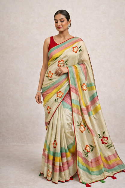 Elegant Floral Printed Soft Silk Saree with Multi Color Border