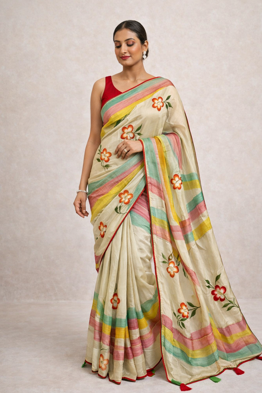 Elegant Floral Printed Soft Silk Saree with Multi Color Border