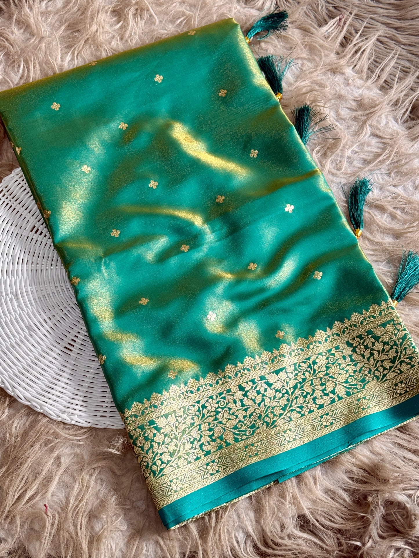 Royal Banarasi Glass Satin Silk Saree with Elegant Zari Woven Border