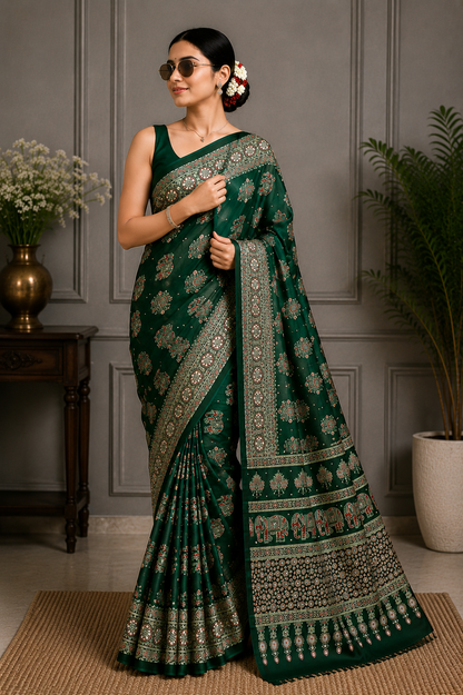 Elegant Ajrakh Pure Gajji Bandhej Soft Silk Saree With Mirror Work