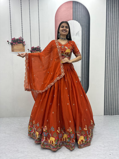 Festival Special Heavy Embroidered Moss Simar Lehenga Choli with Dupatta | Orange & Olive Green