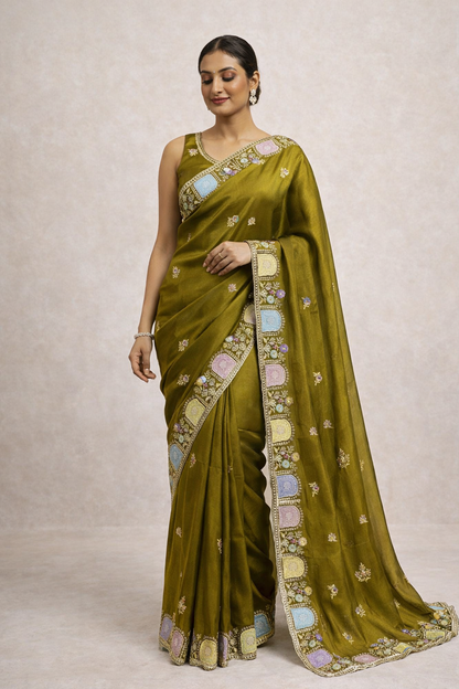 Star Satin Georgette Saree with Thread & Sequins Embroidery Border