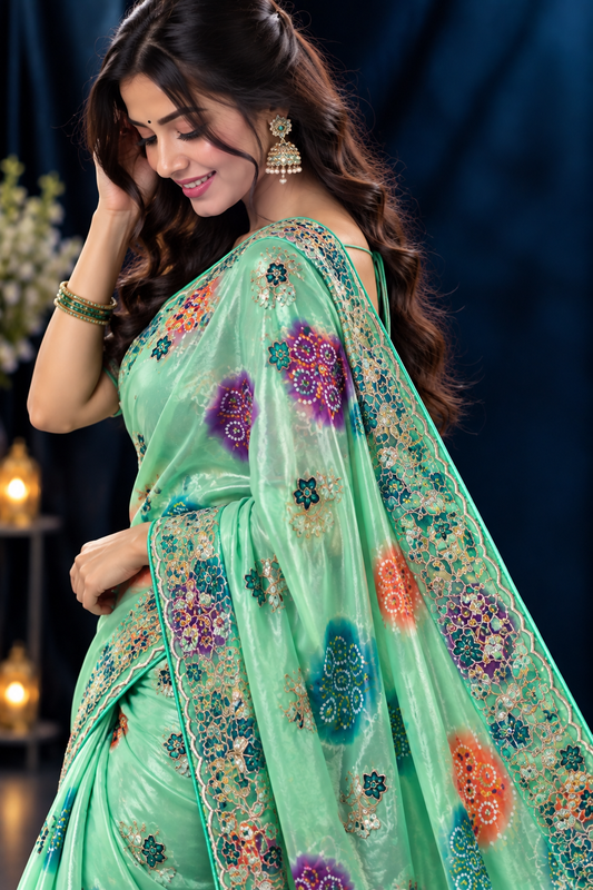 Soft Shine Space Silk Saree with Bandhej Print, C-Pallu Gotafoil Work & Butti