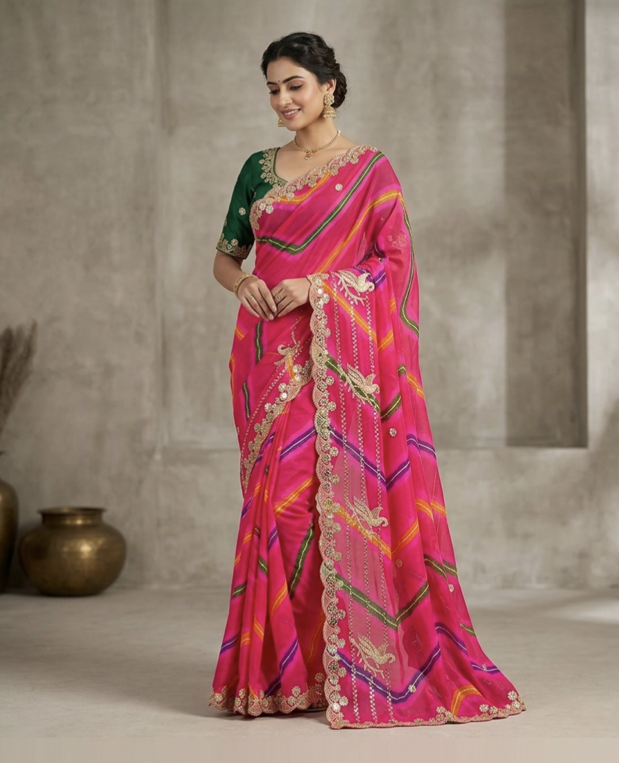 Premium Pink Organza Silk Saree with Heavy Embroidery & Mirror Work | Designer Party Wear Saree