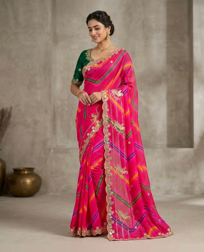 Premium Pink Organza Silk Saree with Heavy Embroidery & Mirror Work | Designer Party Wear Saree