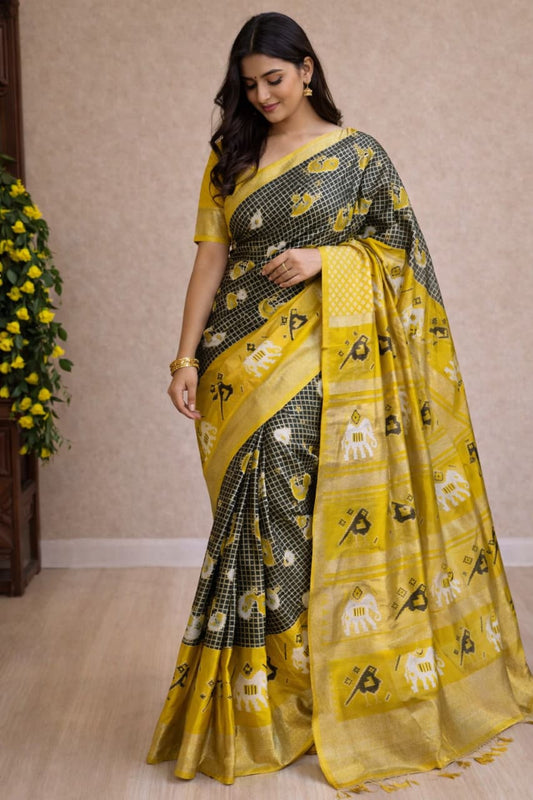 Soft Lichi Printed Saree with Elephant Border