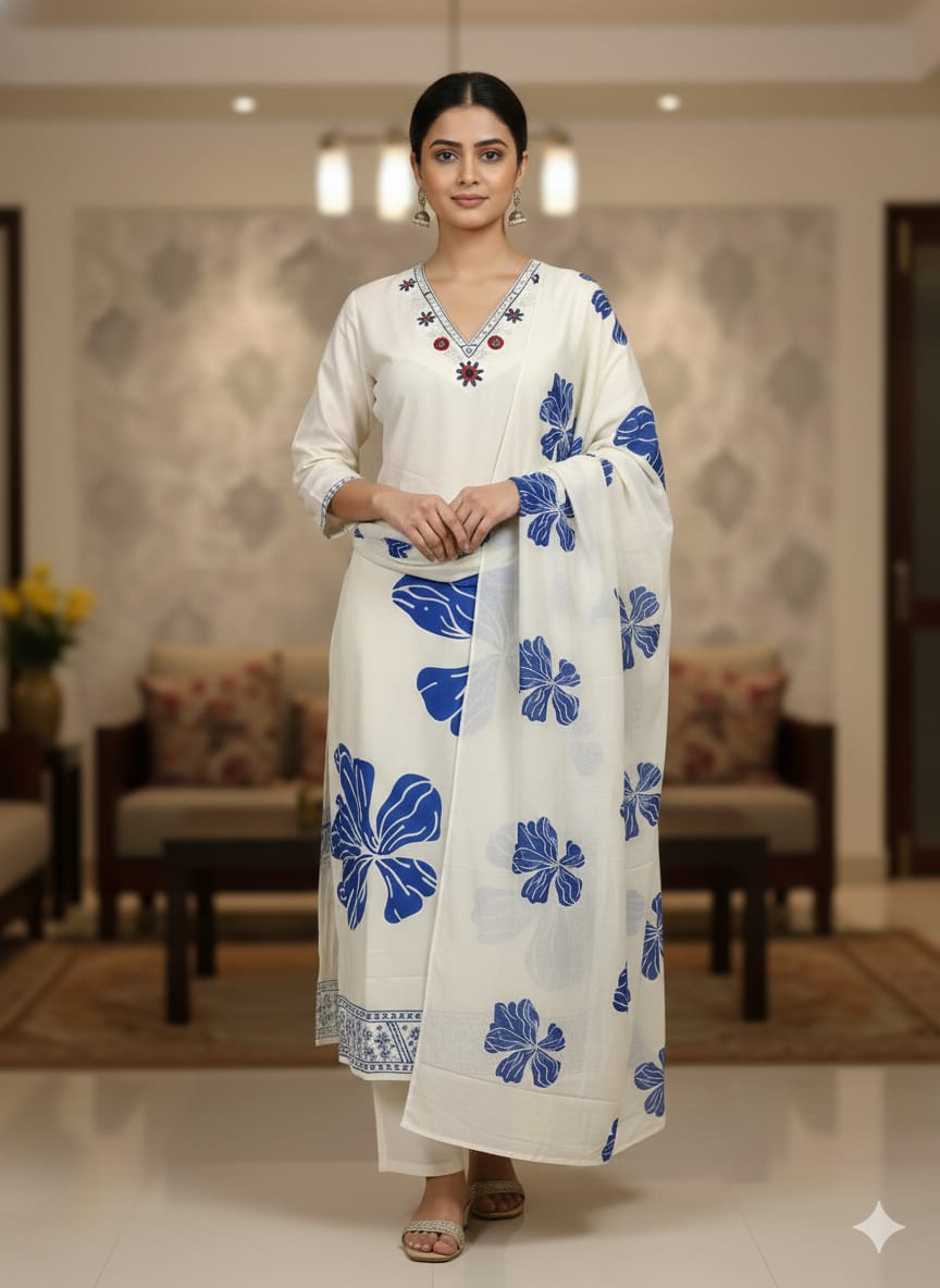 Best Seller Muslin Silk Kurti Pant Dupatta Set | Floral Print | M–4XL