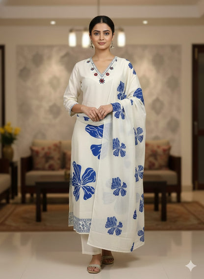 Best Seller Muslin Silk Kurti Pant Dupatta Set | Floral Print | M–4XL