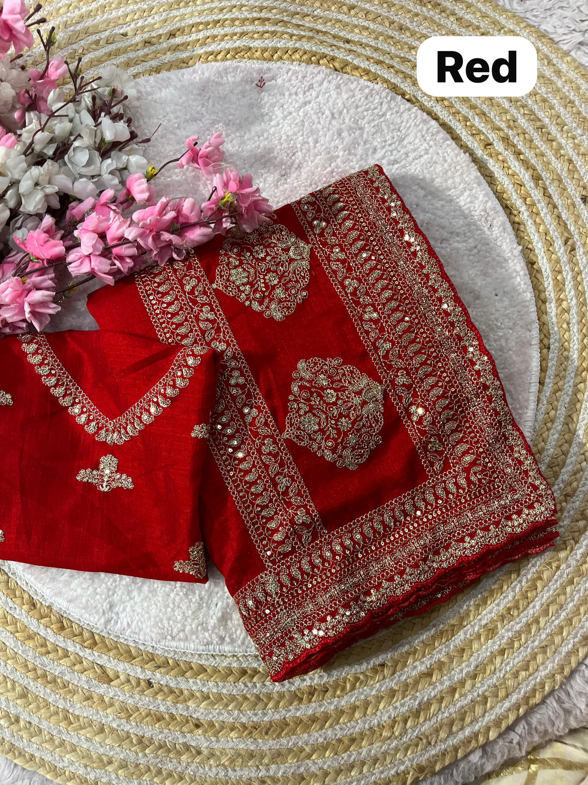 Premium Vichitra Silk Saree with Heavy Zari Sequins Work, Butti & Cutwork Border