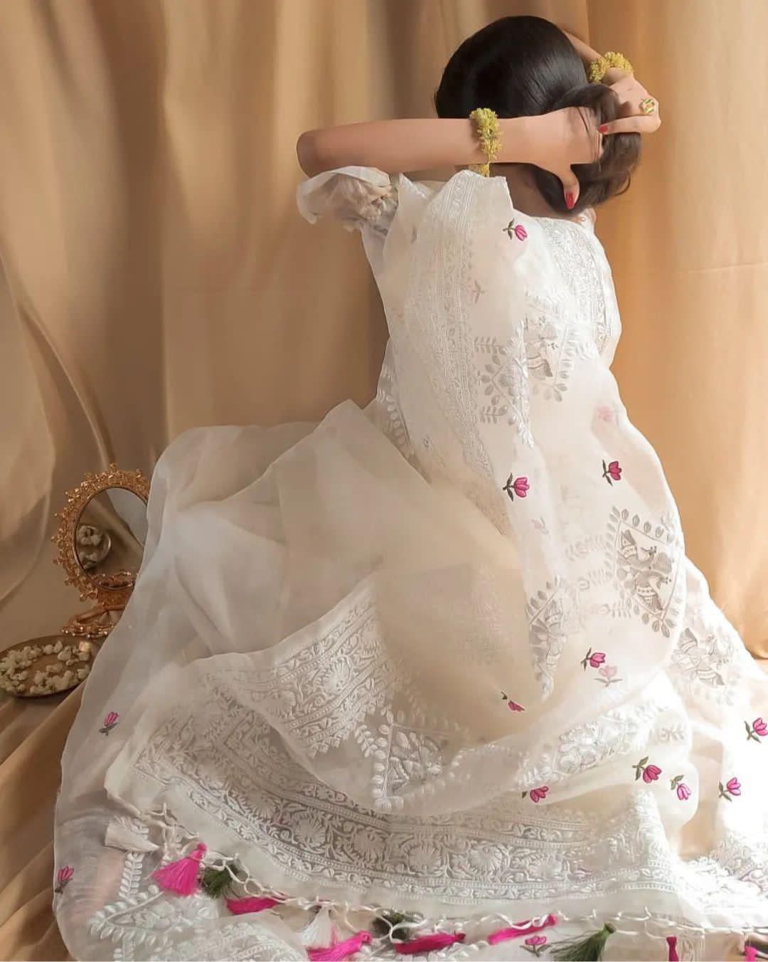 Pure Soft Organza Silk Saree with Lucknowi Embroidery & Silver Zari Work