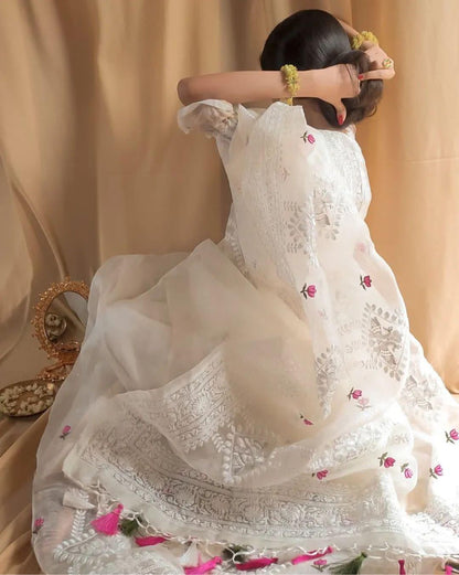 Pure Soft Organza Silk Saree with Lucknowi Embroidery & Silver Zari Work