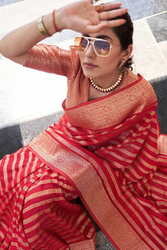 Red Striped Zari Work Saree