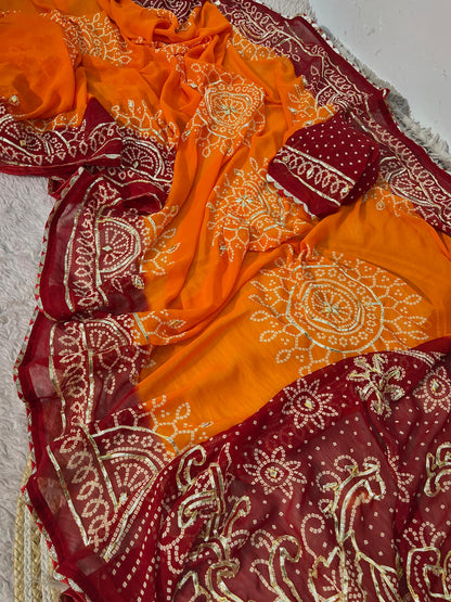 Traditional Georgette Bandhej Piliya Saree with Red Pallu & Kacchi Gota Patti Work