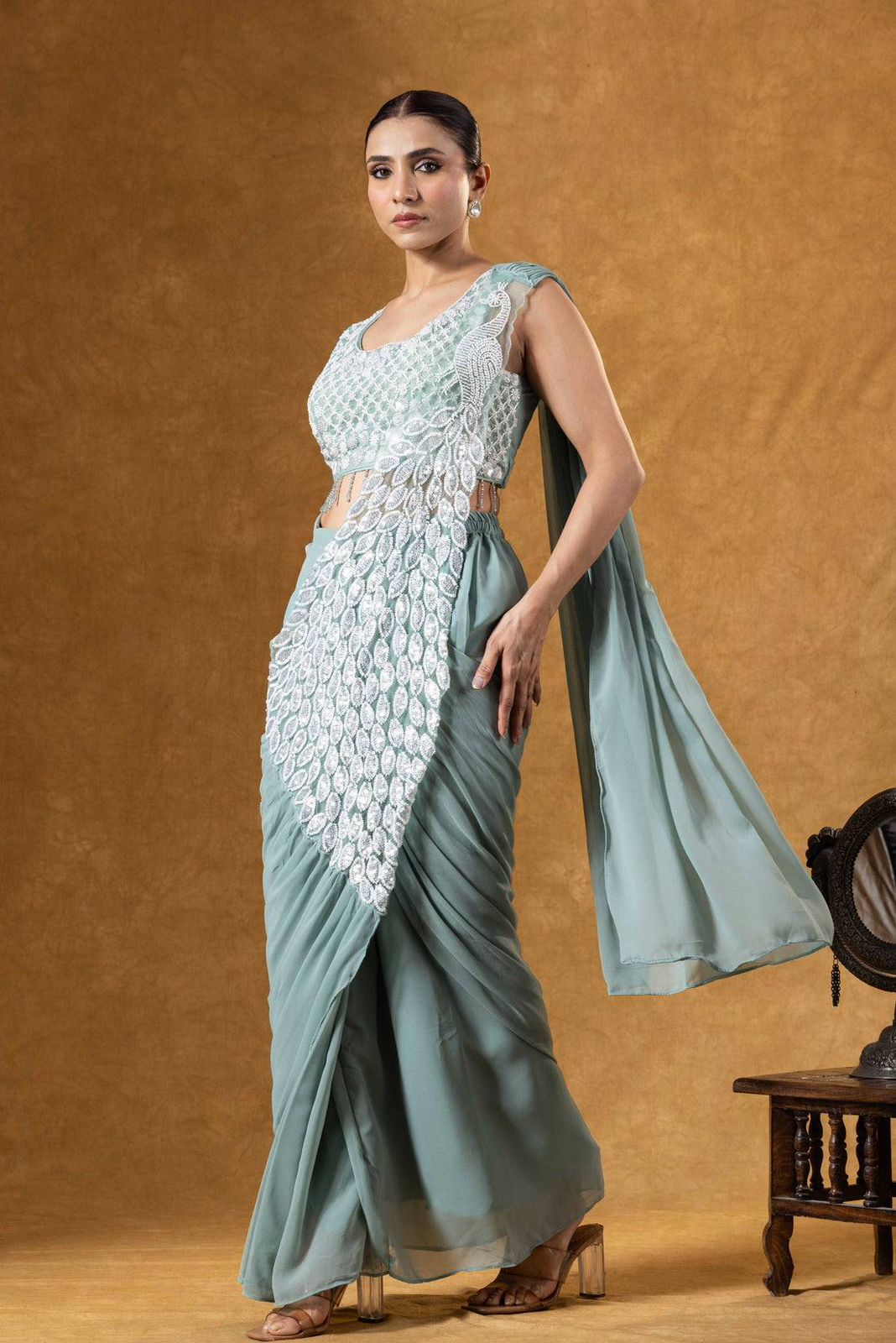 Super Trending Heavy Georgette Ready to Wear Embroidery Sequence Saree