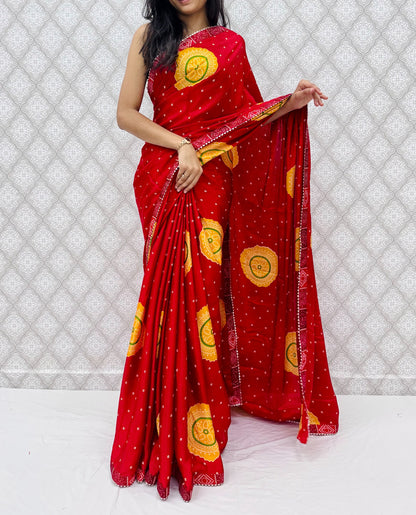 Chinon Bandhani Style Printed Saree with Designer Contrast Border (6.30 Mtr)
