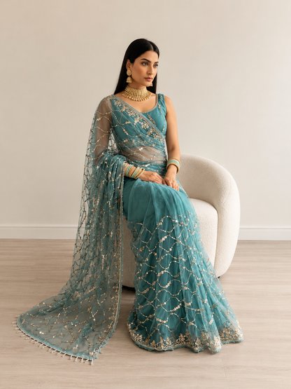 Sufy Premium Butterfly Net Saree with Beads & Moti Sequin Work