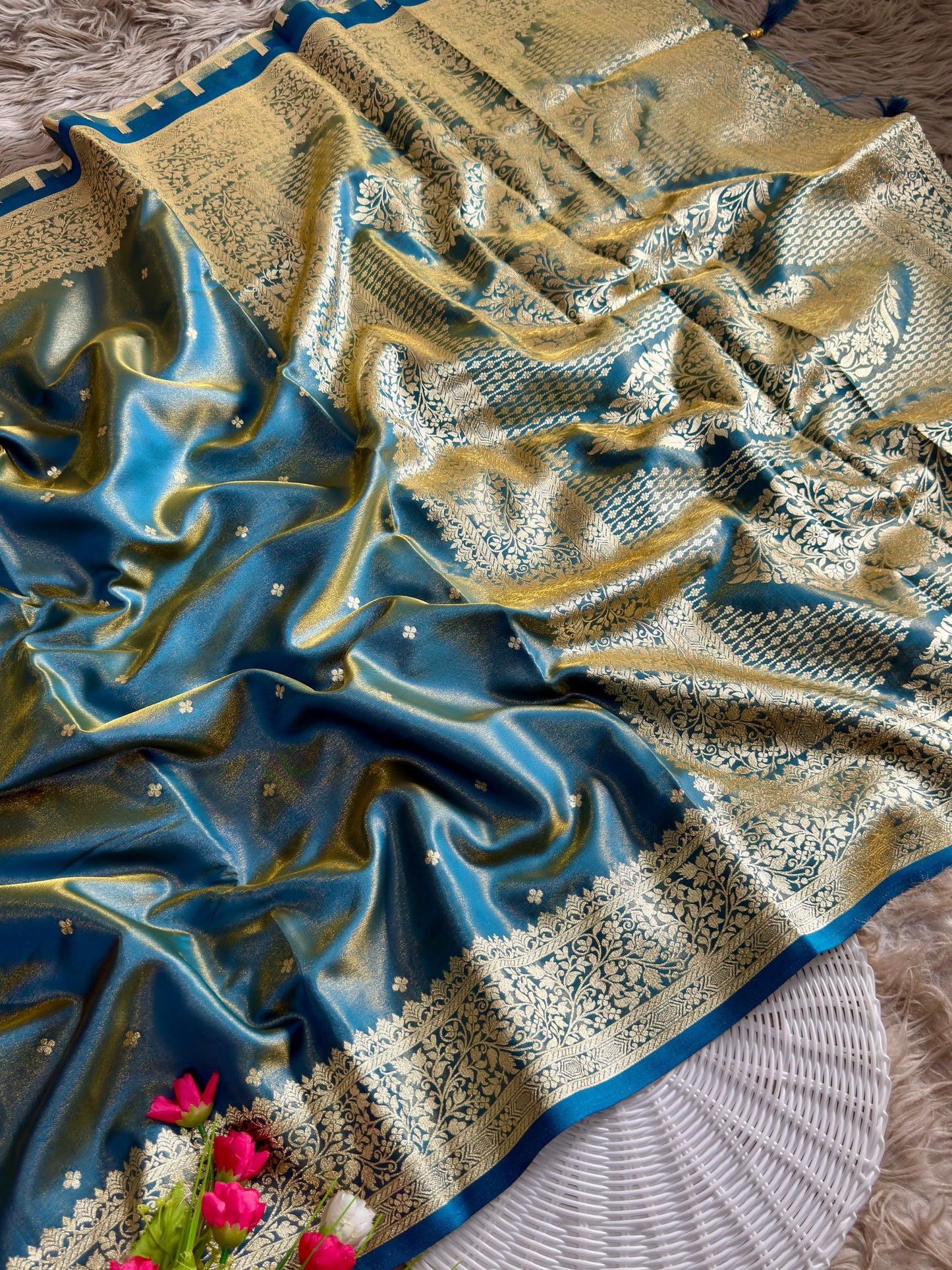 Royal Banarasi Glass Satin Silk Saree with Elegant Zari Woven Border