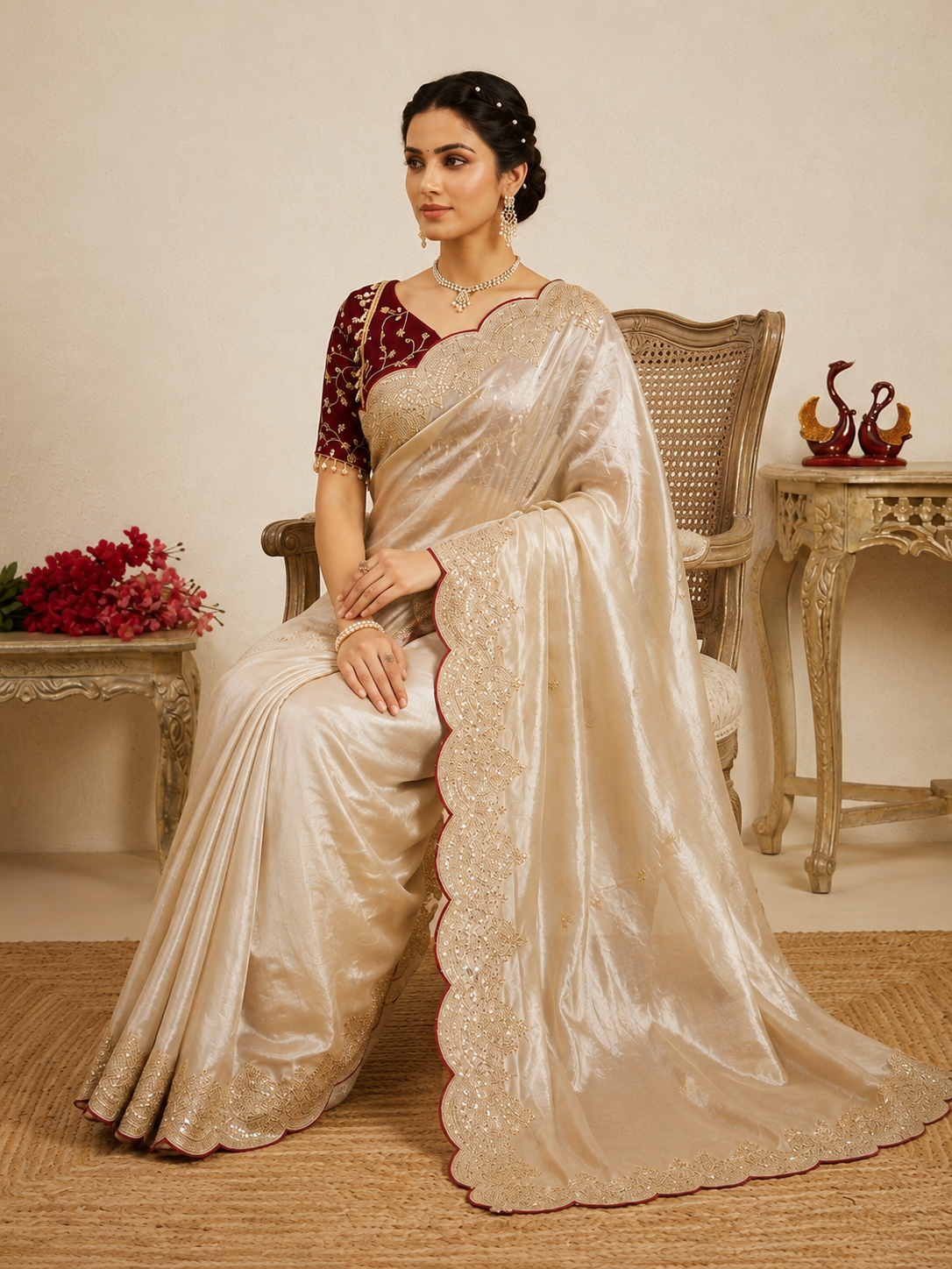 Cream Soft Jimmy Chuu Saree with Sequins & Zari Embroidery Work