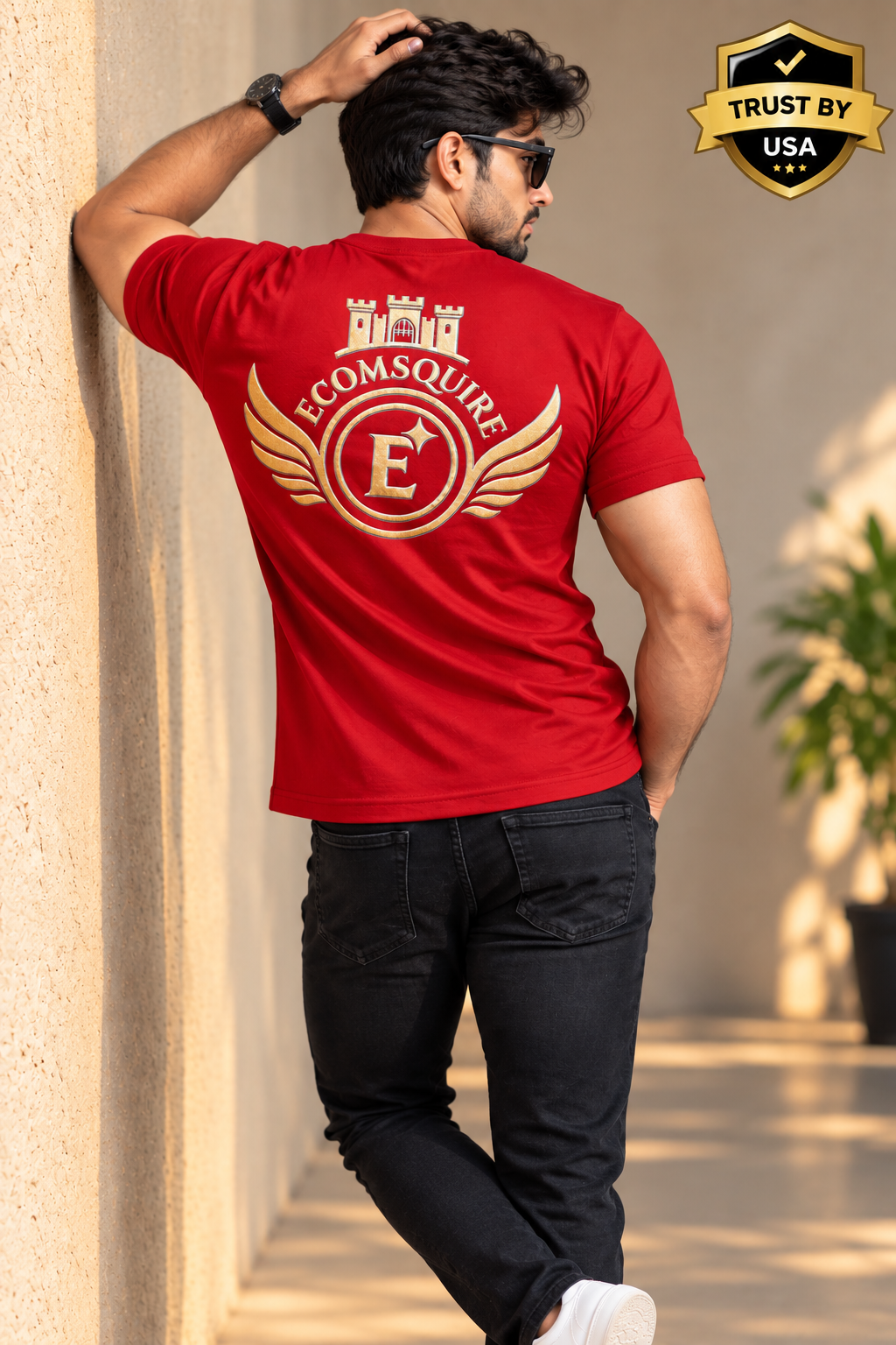 EcomSquire Premium 100% Pure Cotton Red T-Shirt with Golden Logo | Trusted by Customers Across the USA